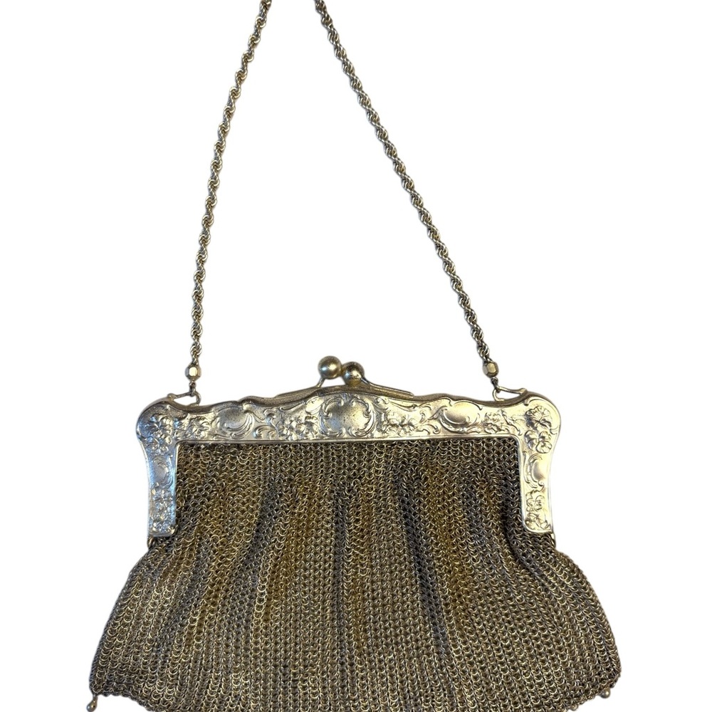 Vintage German Silver Mesh Evening Bag/Purse/Clutch Floral Design